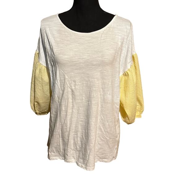 Orange Farm Yellow and White Puff Sleeve Top Women's M Medium - Picture 1 of 8